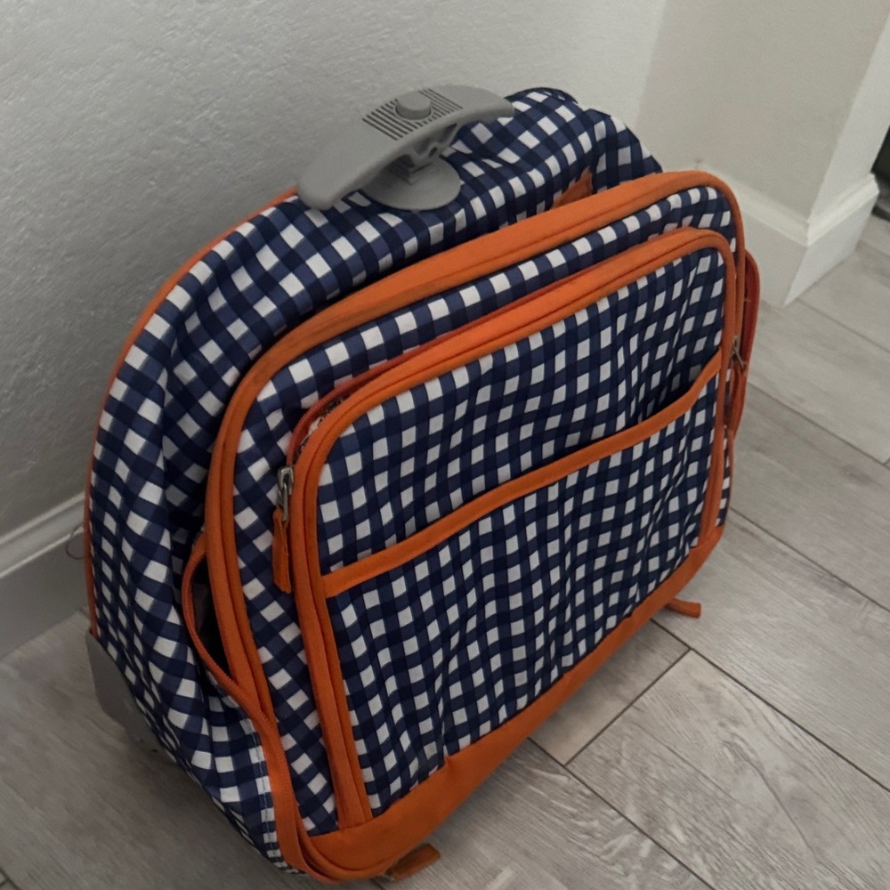 Pottery Barn Kids blue and white checked rolling luggage with Orange Trim